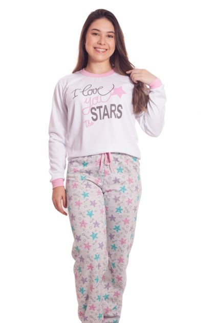 Pijama Feminino Flanelado Longo Calça Estampada Variada e Blusa Estampada love