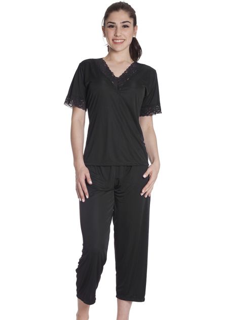 Pijama Feminino Liganete Poliamida com Renda e Calça Capri Quartzo Negro