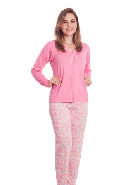 Pijama Feminino Longo Aberto Blusa Malha Lisa e Calça Estampa Variada