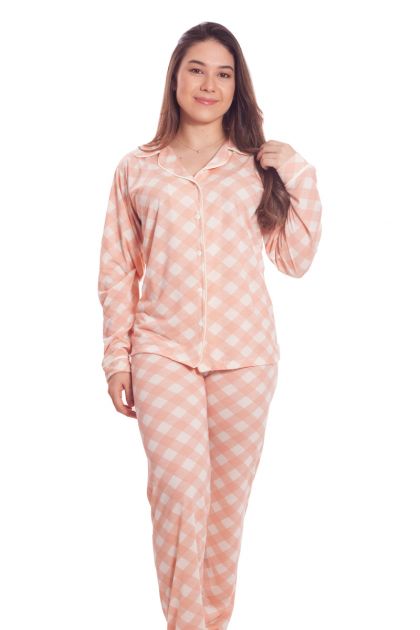 Pijama Feminino Longo Aberto com Gola em Malha Xadrez