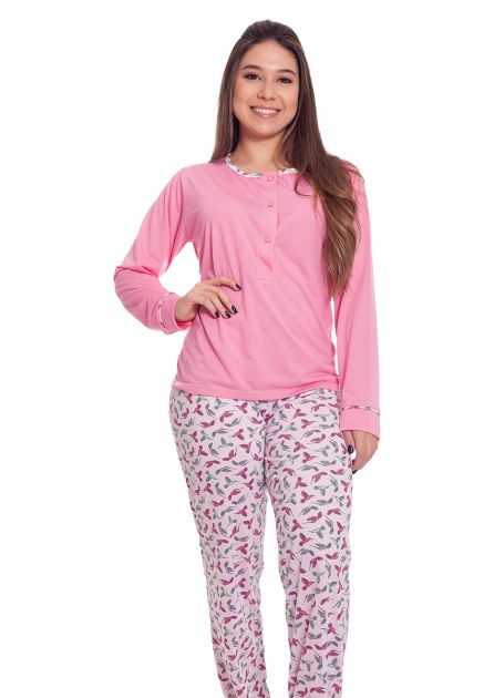 Pijama Feminino Longo Blusa Lisa e Calça em Malha Estampa Variável
