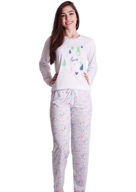 Pijama Feminino Longo Calça Estampada Blusa Lisa Gotinhas Love