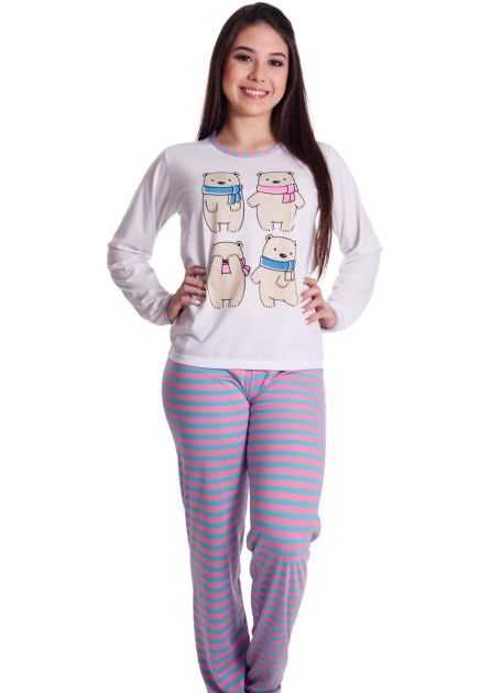 Pijama Feminino Longo Calça Listrada Blusa Lisa Ursinhos