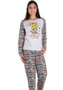 Pijama Feminino Longo com Manga e Calça Estampada Lacinhos