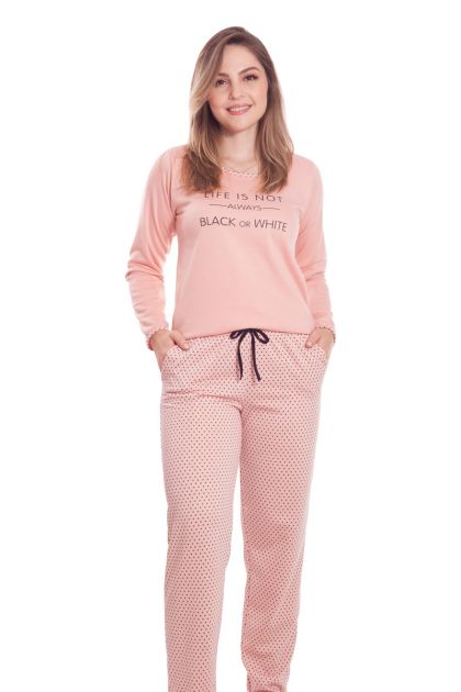 Pijama Feminino Longo Flanelado com Calça em estampa poá
