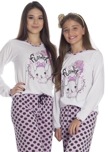 Pijama Feminino Longo Mãe e Filha Calça Bolinha Flower
