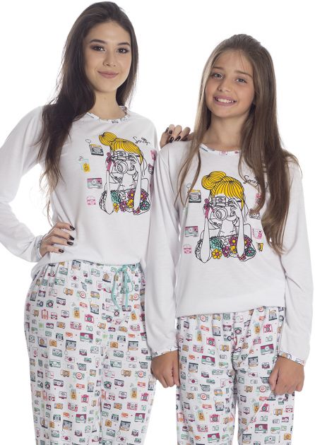Pijama Feminino Longo Mãe e Filha Malha Estampada Colorida
