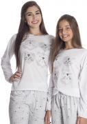 Pijama Feminino Longo Mãe e Filha Malha Estampada Gatinhos