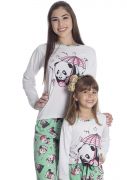 Pijama Feminino Longo Mãe e Filha Malha Estampada Panda