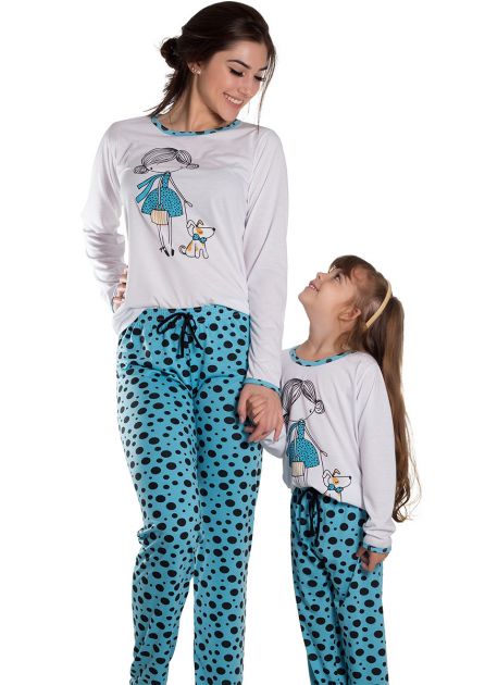 Pijama Feminino Longo Malha Estampada Colorida Poá Grande