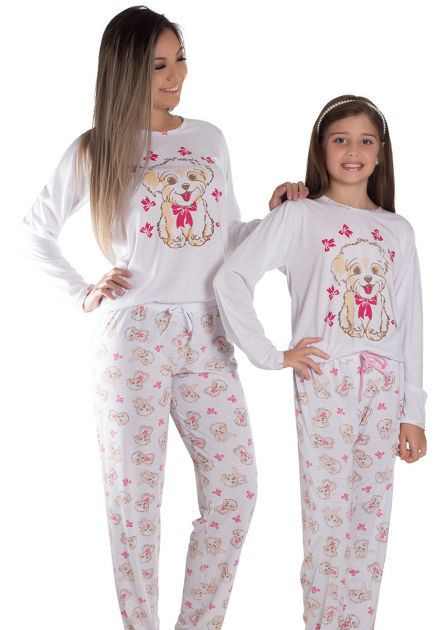 Pijama Feminino Longo Malha Estampada Delicada Cachorrinhos