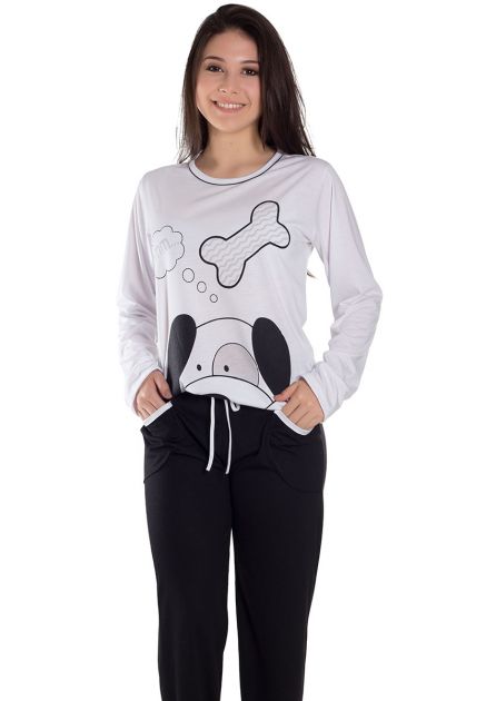 Pijama Feminino Longo Malha Lisa Preta com Bolso Estampa Cachorro