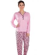 Pijama Feminino Longo Semi-Aberto com blusa Lisa e Calça Estampa Poá Élen
