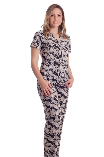 Pijama Feminino Plus Size Aberto com Calça em Liganete Poliéster Estampada Variável