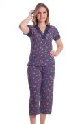 Pijama Feminino Plus Size Capri em Liganete Poliéster Estampada Com Renda