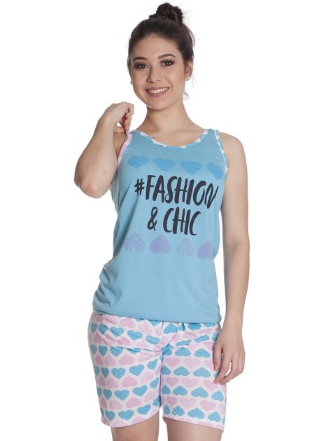 Pijama Feminino Plus Size Curto com Bermuda Malha Estampa Corações Fashion
