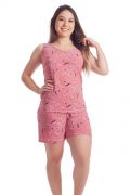 Pijama Feminino Plus Size Curto Regata em Liganete Poliéster Estampado