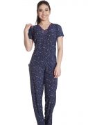 Pijama Feminino Plus Size Fechado Liganete com Renda Estampa Luas e Estrelas