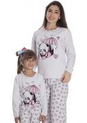 Pijama Feminino Plus Size Flanelado Longo Mãe e Filha Estampa Panda