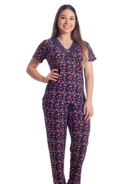 Pijama Feminino Plus Size Liganete Poliester Estampada com Renda