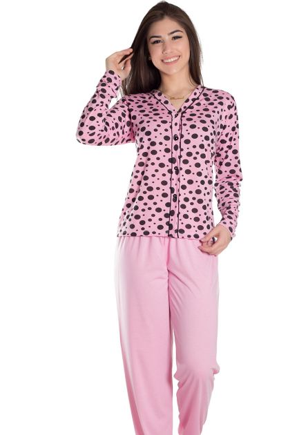 Pijama Feminino Plus Size Longo Aberto Blusa Estampada e Calça Lisa Diná