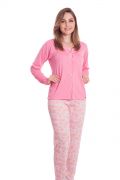 Pijama Feminino Plus Size Longo Aberto Blusa Malha Lisa e Calça Estampa Variavel