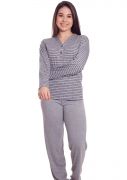 Pijama Feminino Plus Size Longo Semi Aberto Calça Malha Lisa e Blusa Listrada