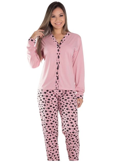 Pijama Feminino Plus Size Longo Aberto Calça Poá Line