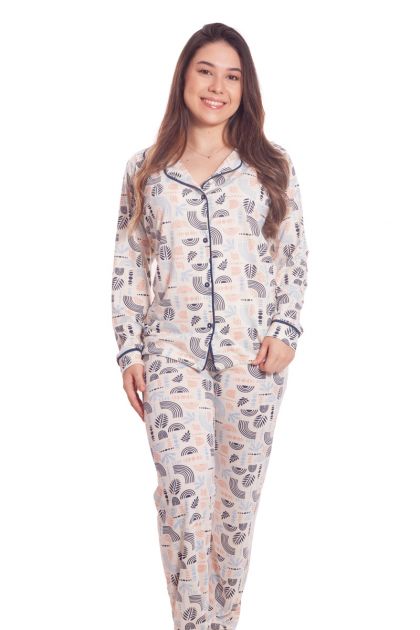 Pijama Feminino Plus Size Longo Aberto com Gola Blusa e Calça em Malha Estampa Variável