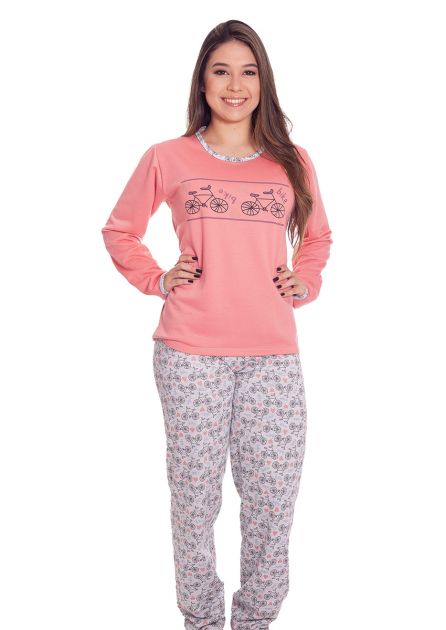Pijama Feminino Plus Size Longo Flanelado Mãe e Filha Estampa Bicicletas