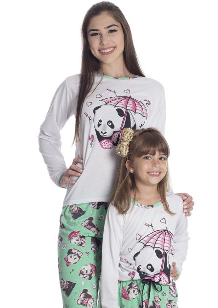 Pijama Feminino Plus Size Longo Mãe e Filha Estampa Panda