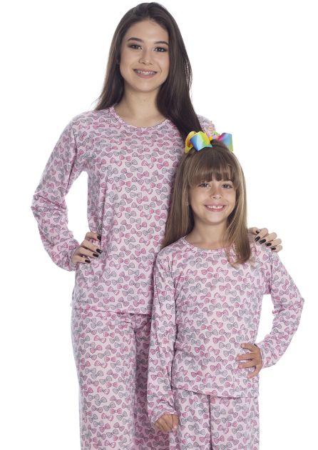 Pijama Feminino Plus Size Longo Mãe e Filha Malha Estampada Lacinhos