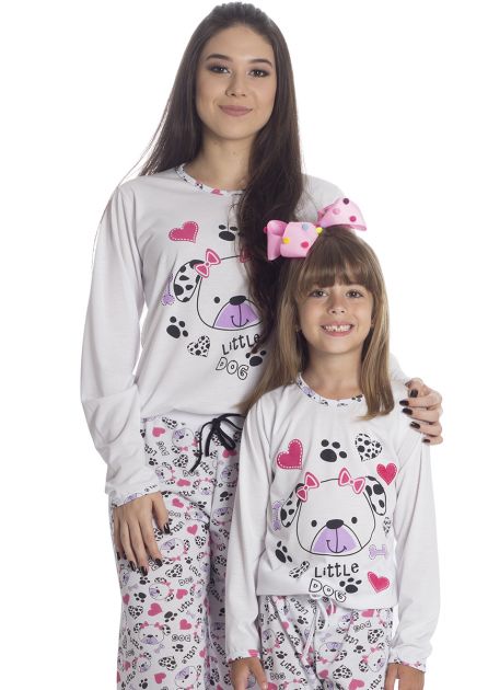 Pijama Feminino Plus Size Longo Mãe e Filha Malha Estampada Little Dog