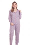 Pijama Feminino Plus Size Longo Malha Blusa Aberta e Calça Animal Print