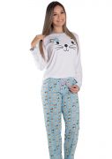 Pijama Feminino Plus Size Longo Malha Estampa gatinhos