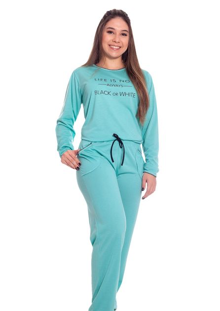 Pijama Feminino Plus Size Longo Malha Lisa Colorida Estampa Frases