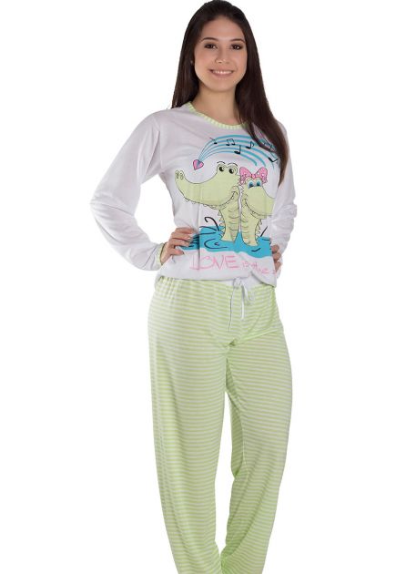 Pijama Feminino Plus Size Longo Malha Listrada Verde Estampa Jacaré