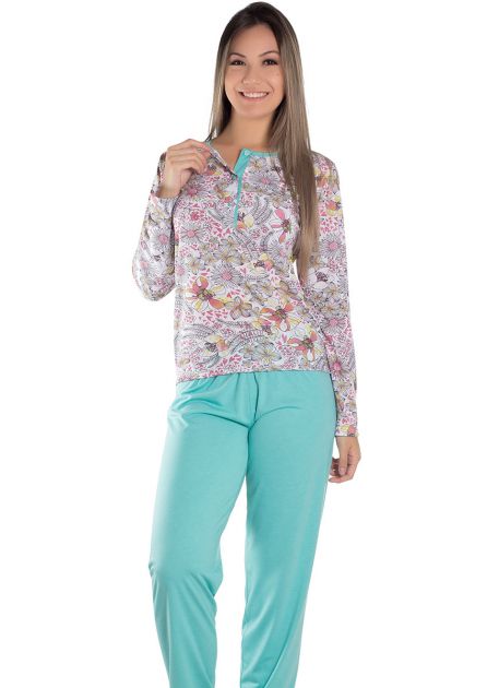 Pijama Feminino Plus Size Longo Semi-Aberto Com Blusa Estampa Variável e Calça Lisa Bia
