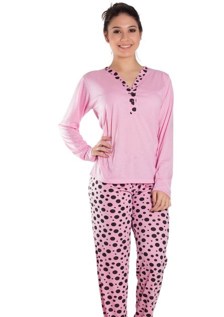 Pijama Feminino Plus Size Longo Semi-Aberto com blusa Lisa e Calça Estampa Poá Élen