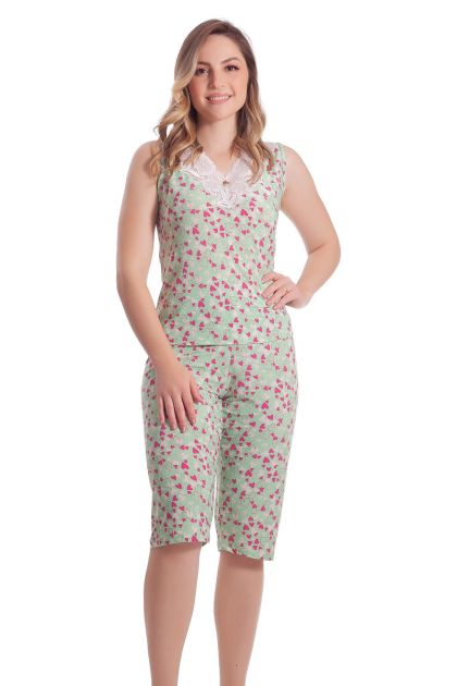 Pijama Feminino Plus Size Pescador Regata em Liganete Poliéster Estampada com Renda