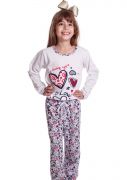 Pijama Infantil Feminino Longo Flanelado Estampadao Delicado Corações