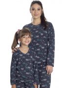Pijama Infantil Feminino Longo Mãe e Filha Malha Estampa Nuvens