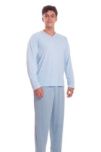 Pijama Masculino Longo Calça Estampada Blusa Lisa