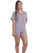 Pijama Plus Size Feminino Curto Malha Poliviscose Listrada com Blusa Camisa  Violetas