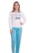 Pijama Plus Size Feminino em Malha de Algodão Longo Estampa Star