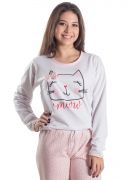 Pijama Plus Size Feminino Flanelado Longo Meow