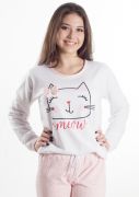 Pijama Plus Size Feminino Flanelado Longo Meow
