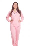 Pijama Plus Size Feminino Longo com Blusa Semi Aberta em Malha Algodão