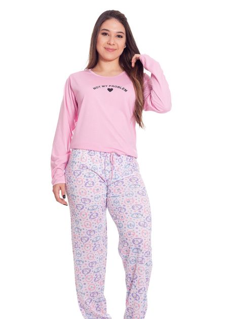 Pijama Plus Size Feminino Longo Malha Calça Estampada Cachorrinho