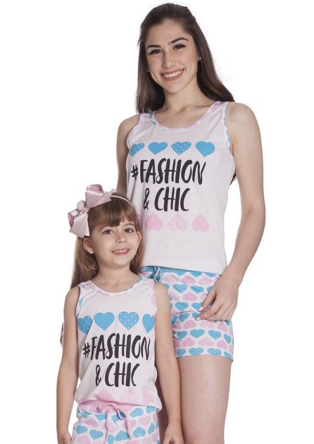 Short Doll Feminino Mãe e Filha Malha Estampa Corações Fashion and Chic